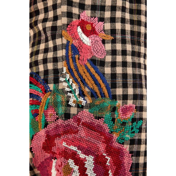 FARM RIO Rooster Cross Stitch Embroidered Pants Plaid (Black & Cream) - Picture 9 of 10